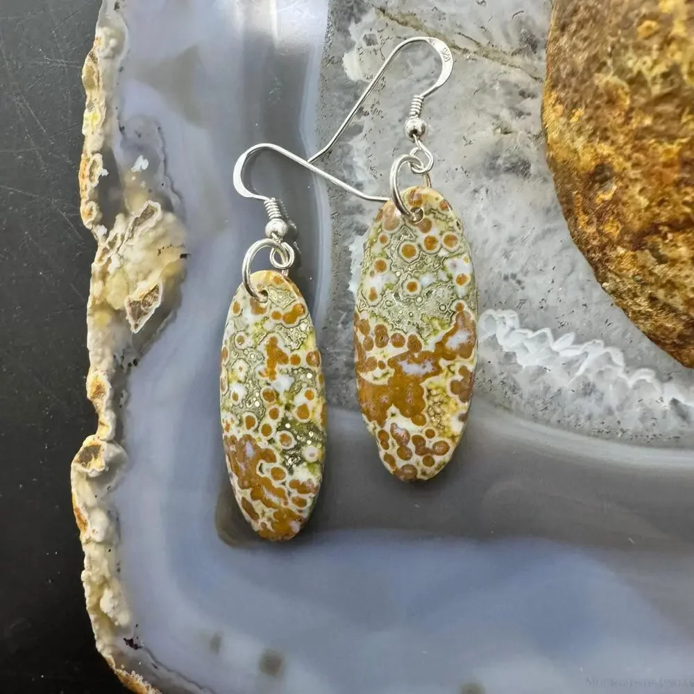 Sterling Silver Elongated Oval River Jasper Slab Dangle Earrings For Women #352